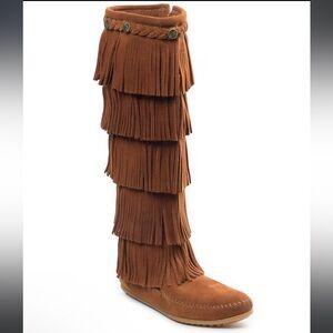 Minnetonka Brown Fringe Knee-High Moccasins